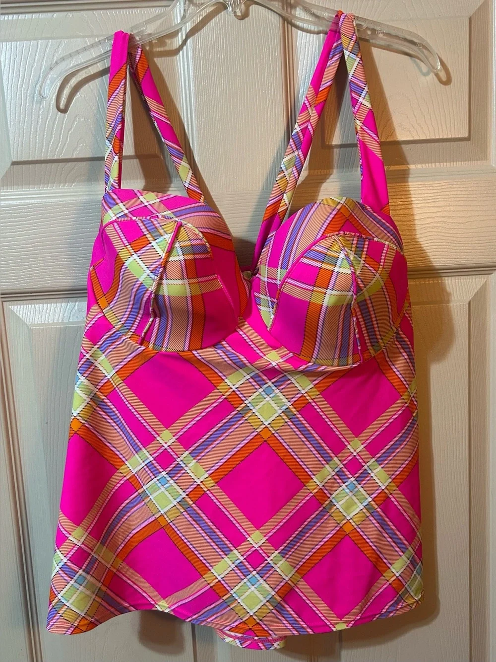 NEW Lane Bryant Tankini Swimsuit Top Size 36DDD Pink Plaid Vacation Beach Resort